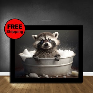 Cute Baby Raccoon In Tub Wall Art, Raccoon Bathing, Funny Bathroom Art, Woodland Animal Art, Animal In Bathtub, Kids Art, Giclée Art Print