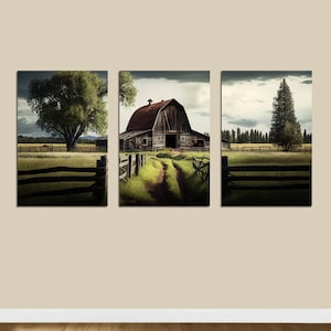 Triptych Wall Art, Rustic Barn Landscape Print Set, 3 Piece Wall Art, Set Of 3 Gallery Wall Art, Triptych Landscape, Printable Wall Art