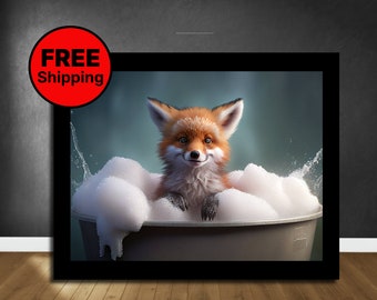 Cute Baby Fox In A Bathtub Wall Art, Fox Bathing, Funny Bathroom Art, Woodland Animal Art, Animal In Bathtub, Kids Art, Giclée Art Print