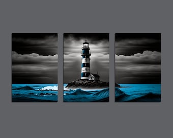 Triptych Wall Art, Lighthouse Nautical Print Set, 3 Piece Wall Art, Set Of 3 Gallery Wall Art, Triptych Seaside, Printable Wall Art