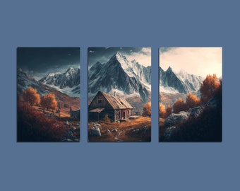 Arte de pared tríptico, conjunto de impresión de paisaje de montaña rústico, arte de pared de 3 piezas, conjunto de 3 arte de pared de galería, paisaje tríptico, arte de pared imprimible