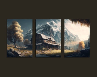 Arte de pared tríptico, conjunto de impresión de paisaje de montaña rústico, arte de pared de 3 piezas, conjunto de 3 arte de pared de galería, paisaje tríptico, arte de pared imprimible