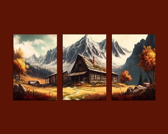 Arte de pared tríptico, conjunto de impresión de paisaje de montaña rústico, arte de pared de 3 piezas, conjunto de 3 arte de pared de galería, paisaje tríptico, arte de pared imprimible