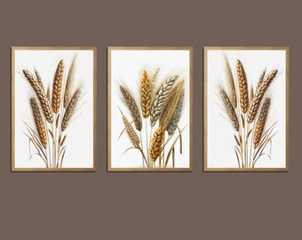 Botanischer Druck 3er Set, Weizengras Druck, 3 Stück Wandkunst, modernes minimalistisches Poster, Boho Grass Kunst, Bauernhaus Dekor, druckbare Wandkunst