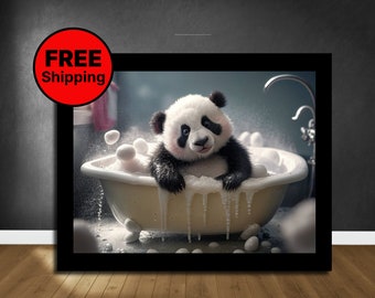 Joli bébé panda dans l'art mural de la baignoire, bain de panda, art de la salle de bain drôle, art animalier safari, animal dans la baignoire, art pour enfants, impression d'art giclée