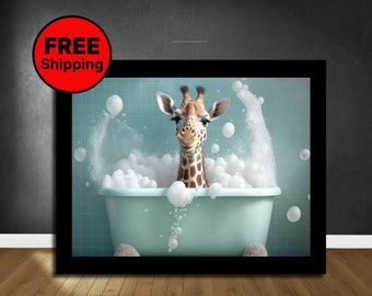 Girafe mignonne dans un art mural de baignoire, impression de girafe, bain de girafe, art de salle de bain drôle, art animalier safari, animal dans la baignoire, impression giclée