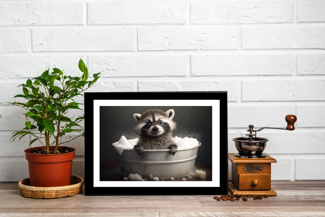 Cute Baby Raccoon in Tub Wall Art, Raccoon Bathing, Funny Bathroom Art ...