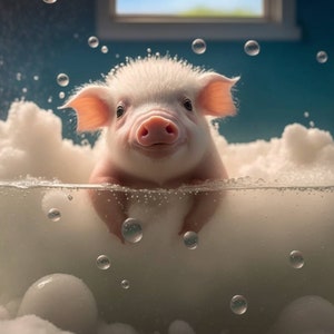 Cute Baby Pig In Bathtub Wall Art, Pig Bathing, Funny Bathroom Art, Farm Animal Art, Animal In Bathtub, Kids Art, Digital Download