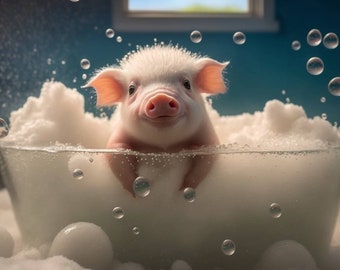 Cute Baby Pig In Bathtub Wall Art, Pig Bathing, Funny Bathroom Art, Farm Animal Art, Animal In Bathtub, Kids Art, Digital Download