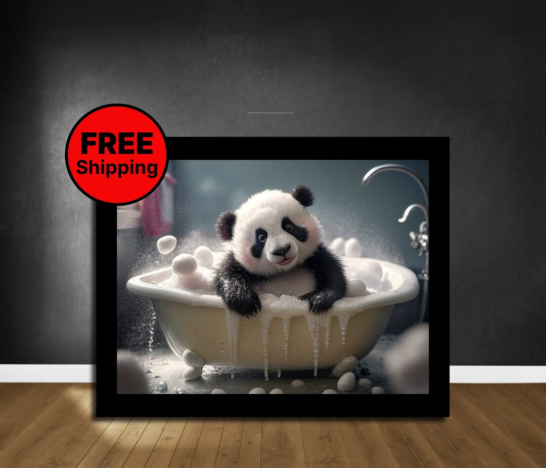 Cute Baby Panda in Bathtub Wall Art, Panda Bathing, Funny Bathroom Art ...