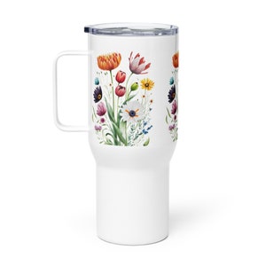 Travel Mug with a Handle, Floral Design Coffee Mug, Insulated Stainless Steel Cup, Hot or Cold Beverage Holder