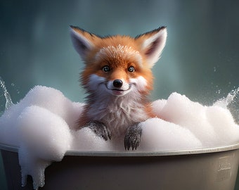 Cute Baby Fox In A Bathtub Wall Art, Fox Bathing, Funny Bathroom Art, Woodland Animal Art, Animal In Bathtub, Kids Art, Digital Download