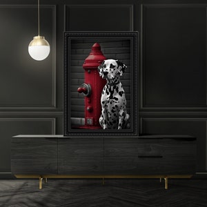 May include: A black and white Dalmatian dog sits next to a red fire hydrant in a black framed photograph. The photo is hanging on a wall above a dark wood dresser with gold legs.