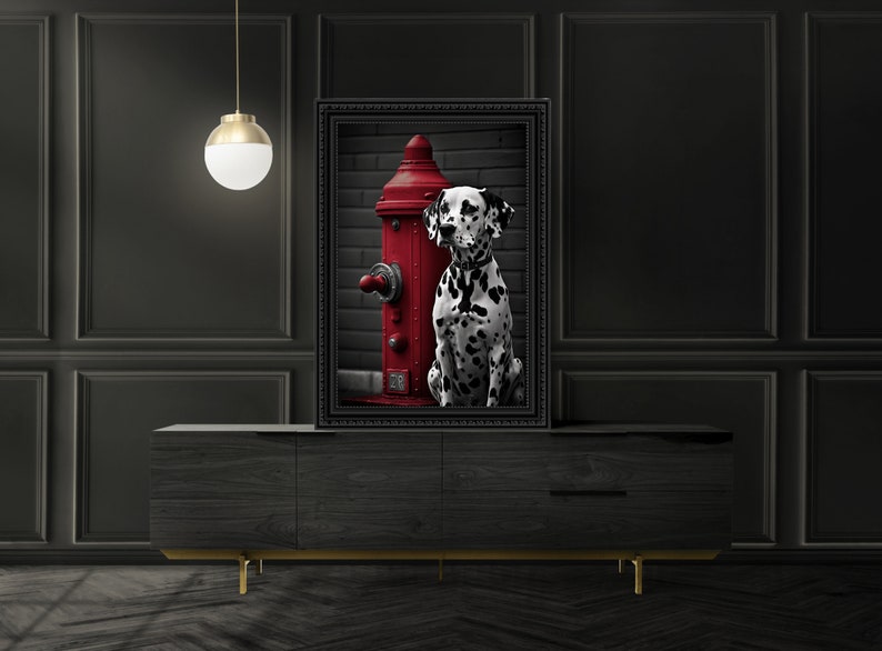 May include: A black and white Dalmatian dog sits next to a red fire hydrant in a black framed photograph. The photo is hanging on a wall above a dark wood dresser with gold legs.