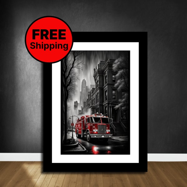 Art mural rouge noir et blanc, camion de pompier rouge dans une scène de ville, affiche de pompier, art de camion de pompier, peinture noir blanc, impression giclée expédiée