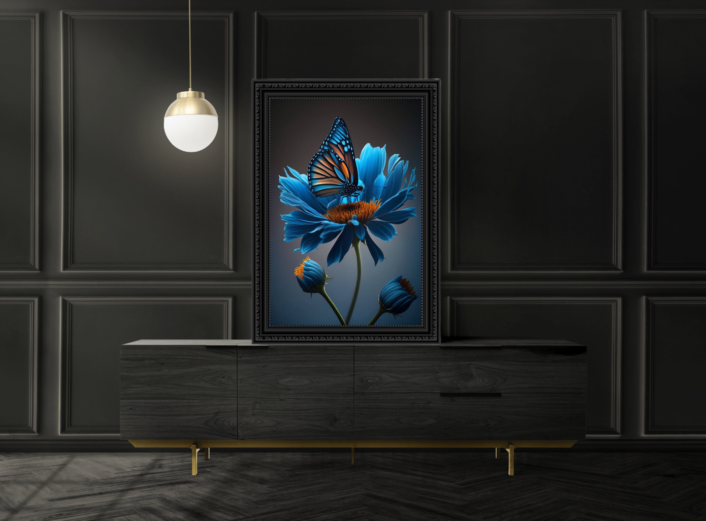 Blue Orange Wall Art, Blue Orange Butterfly Art Print, Botanical Art