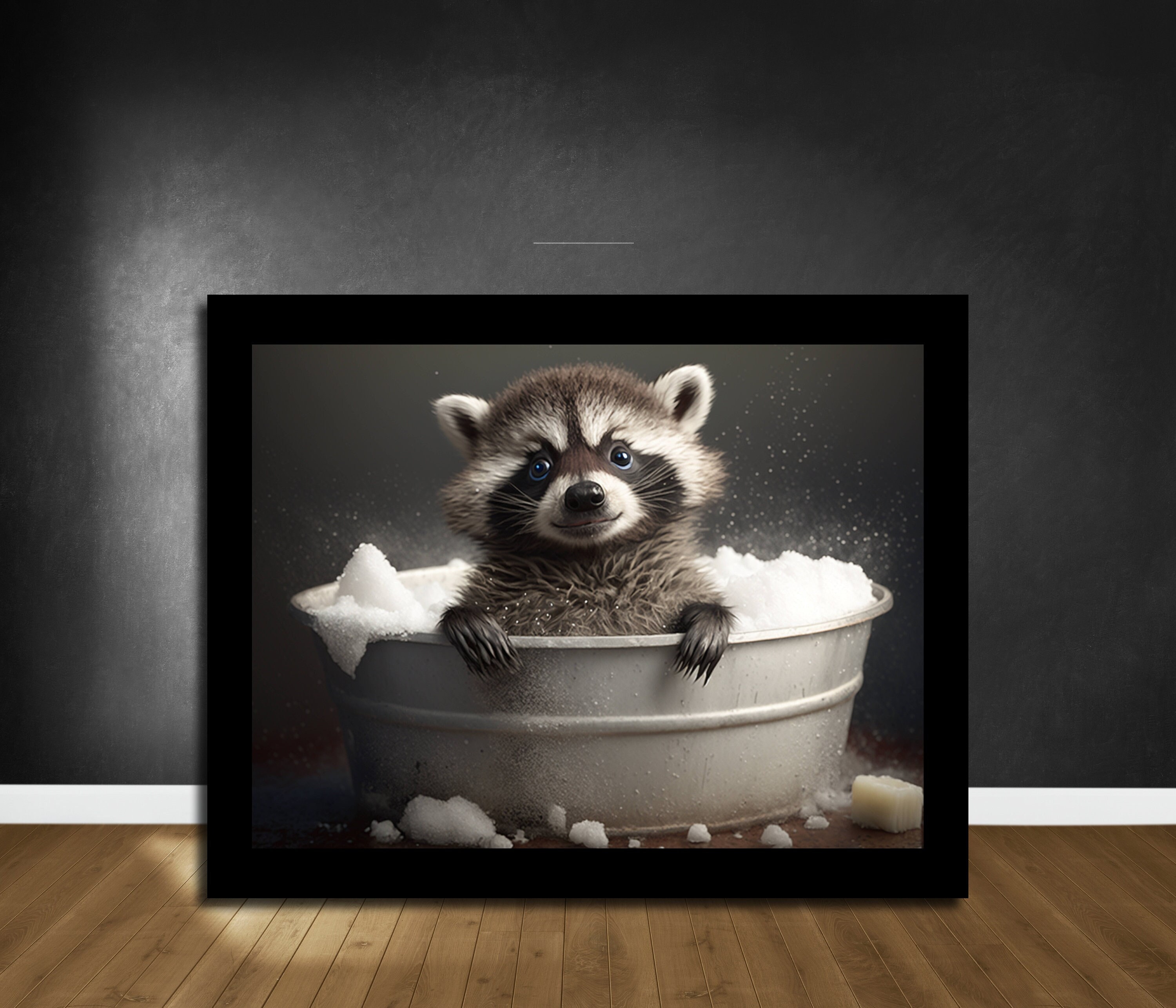 Cute Baby Raccoon in Tub Wall Art, Raccoon Bathing, Funny Bathroom Art