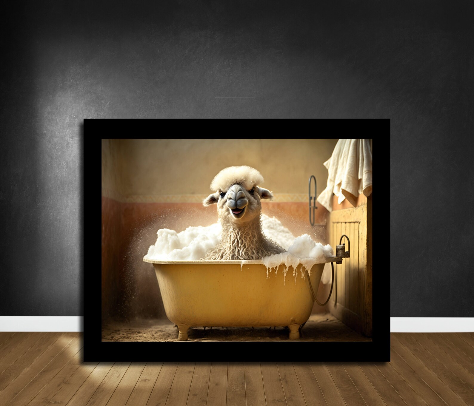 Cute Baby Camel in A Bathtub Wall Art, Camel Bathing, Funny Bathroom