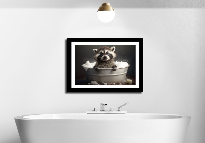 Cute Baby Raccoon in Tub Wall Art, Raccoon Bathing, Funny Bathroom Art