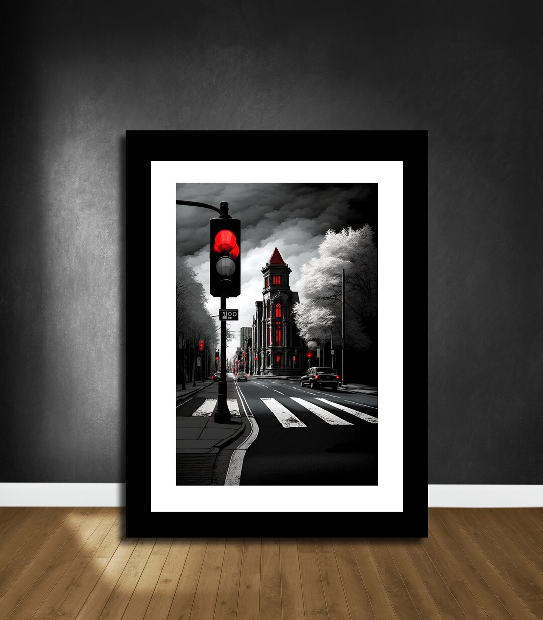 Black White Red Wall Art Red Lights on A City Street Etsy