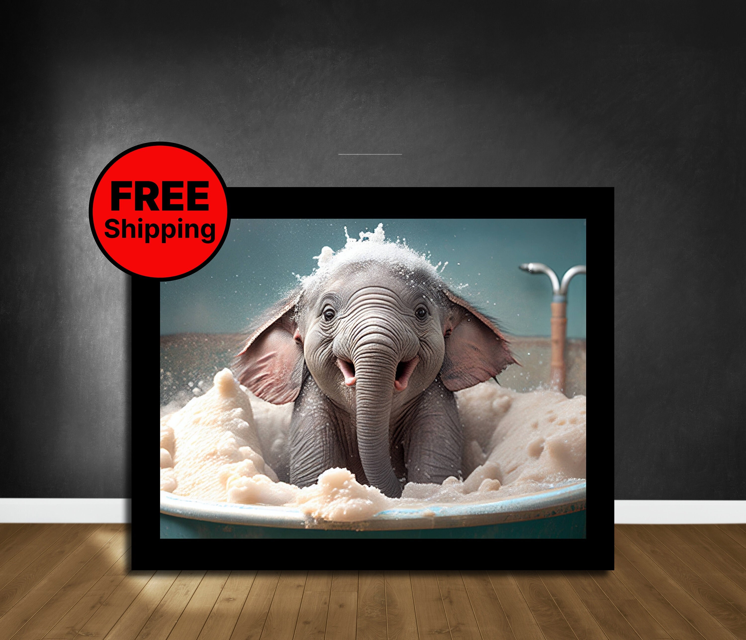 Cute Baby Elephant in Tub Wall Art, Elephant Bathing, Funny Bathroom