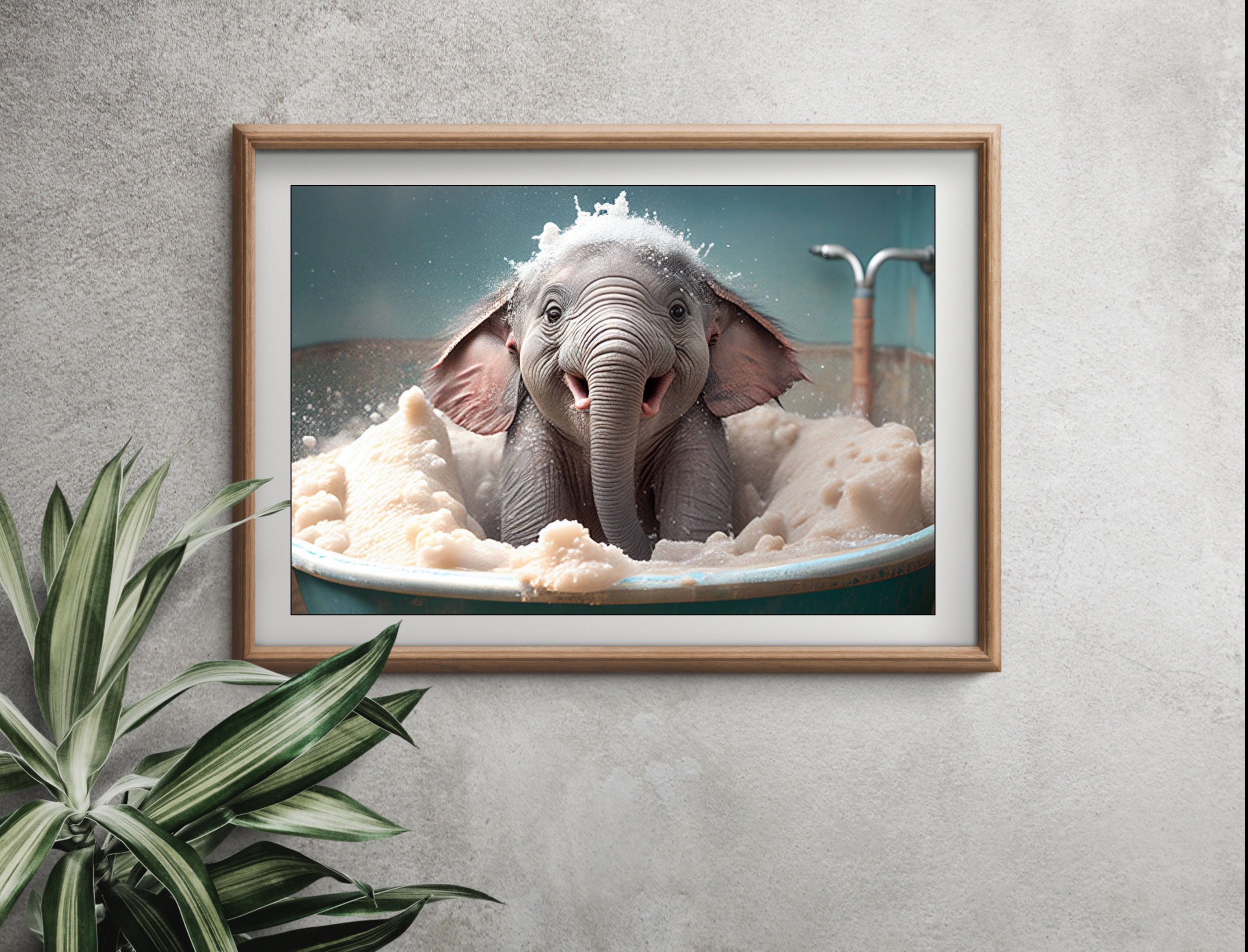 Cute Baby Elephant in Tub Wall Art, Elephant Bathing, Funny Bathroom