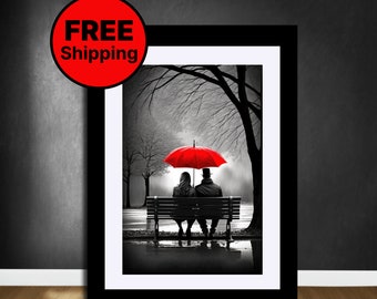 Black White Red Wall Art, loving Couple With Red Umbrella, Red Umbrella Poster, Red Wall Art, Black White Painting, Giclée Art Print