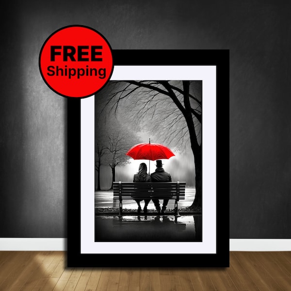 Black White Red Wall Art, loving Couple With Red Umbrella, Red Umbrella Poster, Red Wall Art, Black White Painting, Giclée Art Print