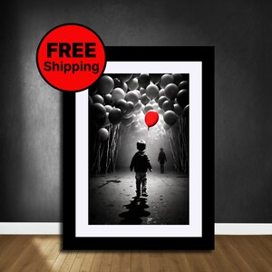 Black White Red Wall Art, Red Balloon print, It Poster, Black White Illustration, Balloon Art Poster, Red Art Prints, Giclée Art Print