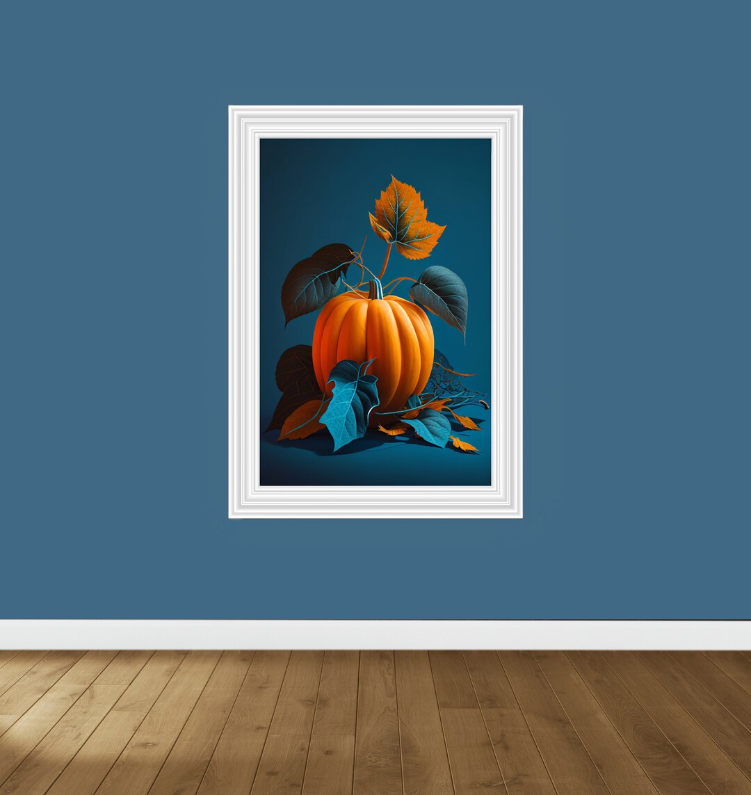 Blue Orange Wall Art, Orange Pumpkin Art, Autumn Art Poster, Fruit Wall