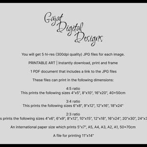 May include: Printable art digital download with a text description of the different sizes available for printing. The text includes the following: 4"x5", 8"x10", 16"x20", 40x50cm, 6"x8", 9"x12", 12"x16", 18"x24", 4"x6", 6"x9", 8"x12", 10"x15", 12"x18", 16"x24", 20"x30", 24"x36", 5"x7", A5, A4, A3, A2, A1, 50x70cm, 11"x14".
