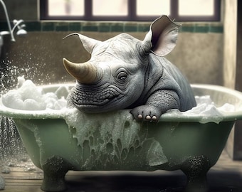 Cute Baby Rhino In A Bathtub Wall Art, Rhino Bathing, Funny Bathroom Art, Safari Animal Art, Animal in bathtub, Kids Art, Digital Download