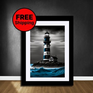 Schwarz Weiß Blau Wandkunst, Blauer Leuchtturm Druck, Leuchtturm Poster, Meer Kunst, Ozean Wandkunst, Schwarz Weiß Malerei, Giclée Kunstdruck