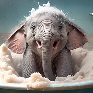 Cute Baby Elephant In Tub Wall Art, Elephant Bathing, Funny Bathroom Art, Safari Animal Art, Animal in bathtub, Kids Art, Digital Download