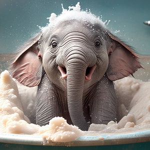 Niedlicher Baby Elefant in Badewanne Wandkunst, Elefant Baden, lustige Badezimmer Kunst, Safari Tier Kunst, Tier in Badewanne, Kinder Kunst, digitaler Download