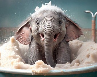 Joli bébé éléphant dans la baignoire Art mural, éléphant se baignant, art drôle de salle de bain, art animalier safari, animal dans la baignoire, art pour enfants, téléchargement numérique