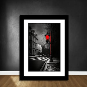 Arte de pared rojo blanco negro, poste de lámpara de luz roja, cartel de arte abstracto, diseño de arte oscuro, arte de pared roja, pintura blanca negra, arte de pared imprimible