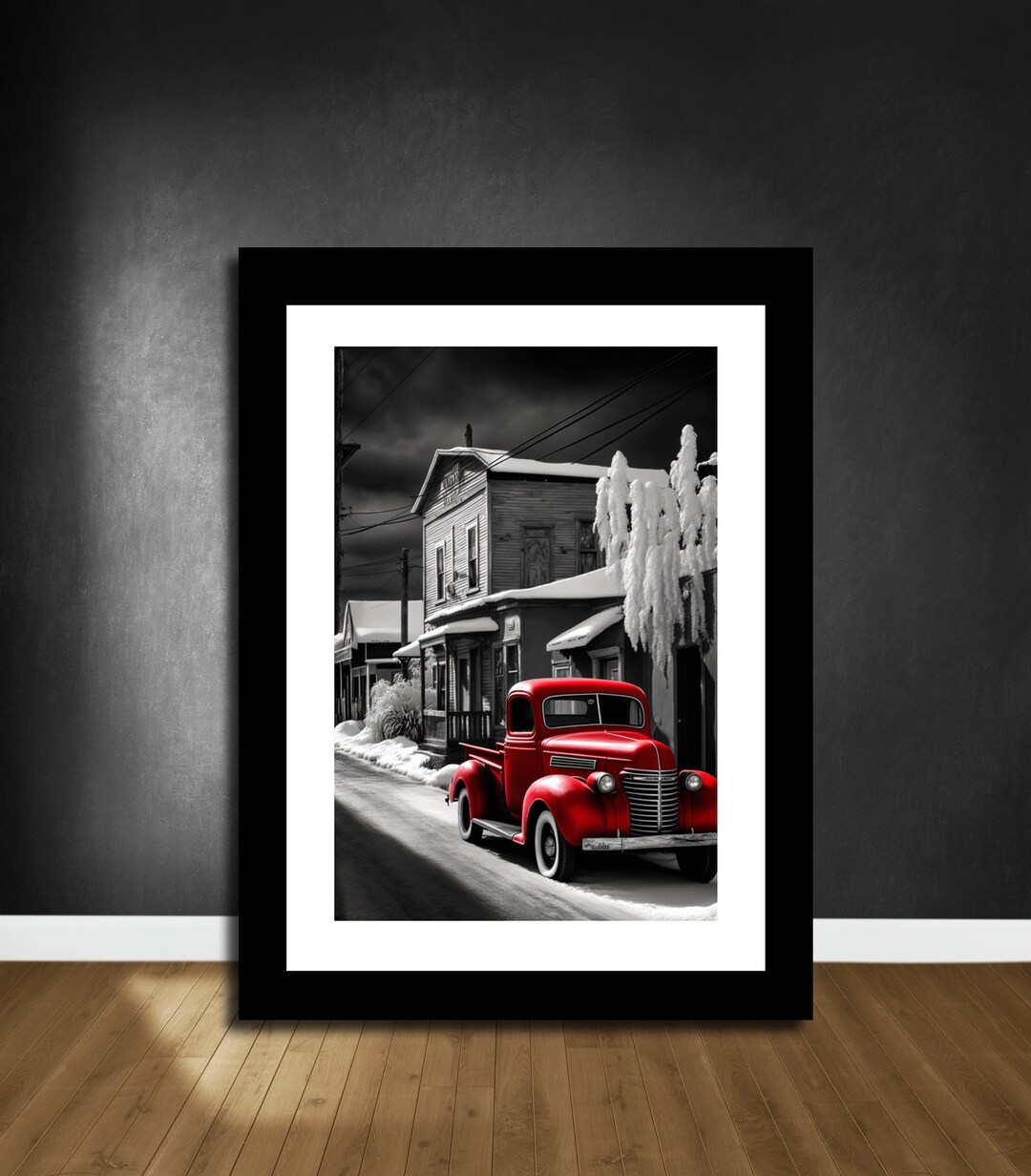 Black White Red Wall Art, Old Red Pickup Truck Print, Car Posters
