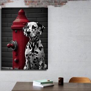 May include: A black and white Dalmatian dog sits next to a red fire hydrant. The dog is looking to the left of the image. The background is a brick wall.