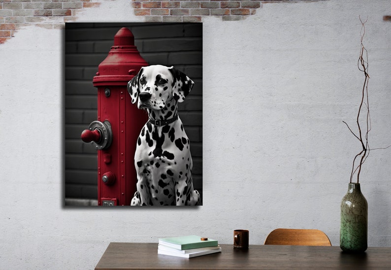 May include: A black and white Dalmatian dog sits next to a red fire hydrant. The dog is looking to the left of the image. The background is a brick wall.
