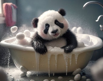 Joli bébé panda dans la baignoire Wall Art, Panda se baignant, art drôle de salle de bains, art animalier de safari, animal dans la baignoire, art d'enfants, téléchargement numérique