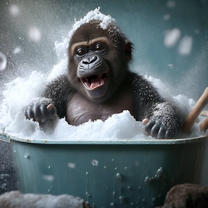 May include: A young gorilla enjoys a bath in a blue tub filled with white bubbles. The gorilla is smiling and has water droplets on its fur.