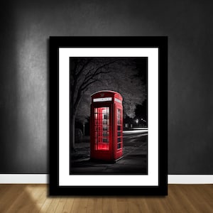Black White Red Wall Art, Red Phone Booth Print, London Art, Red Wall Art, Phone Booth Poster, Black White Painting, Printable Wall Art