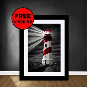 Schwarz Weiß Rot Wandkunst, Leuchtturm Poster, Leuchtturm Poster, Meer Kunst, Ozean Wandkunst, Schwarz Weiß Malerei, Giclée Kunstdruck