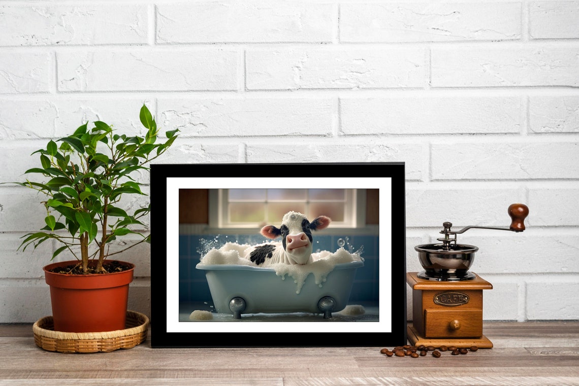 Cute Baby Cow in A Bathtub Wall Art, Cow Bathing, Funny Bathroom Art