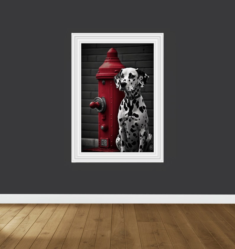 May include: A black and white Dalmatian dog sits in front of a red fire hydrant. The dog is looking to the left of the image. The background is a brick wall.