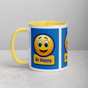 Ceramiczny kubek do kawy i herbaty, nadruk Emoji, uśmiechnięta buźka, cytat Be Happy, żółta uśmiechnięta buźka, modna emotka, emotikon, uchwyt na gorące lub zimne napoje