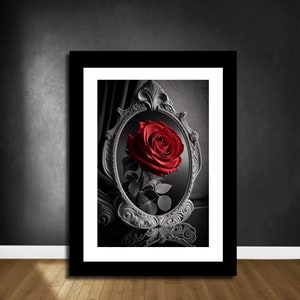 Arte de pared rojo blanco negro, impresión de rosa roja, arte de pared roja, arte de ramo de flores, cartel de amor, pintura en blanco negro, arte de pared imprimible