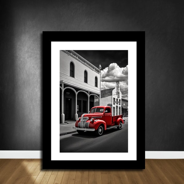 Black White Red Wall Art, Red Vintage Pickup Truck, Car Posters, Classic Pickup Art, Red Wall Art, Black White Painting, Printable Wall Art