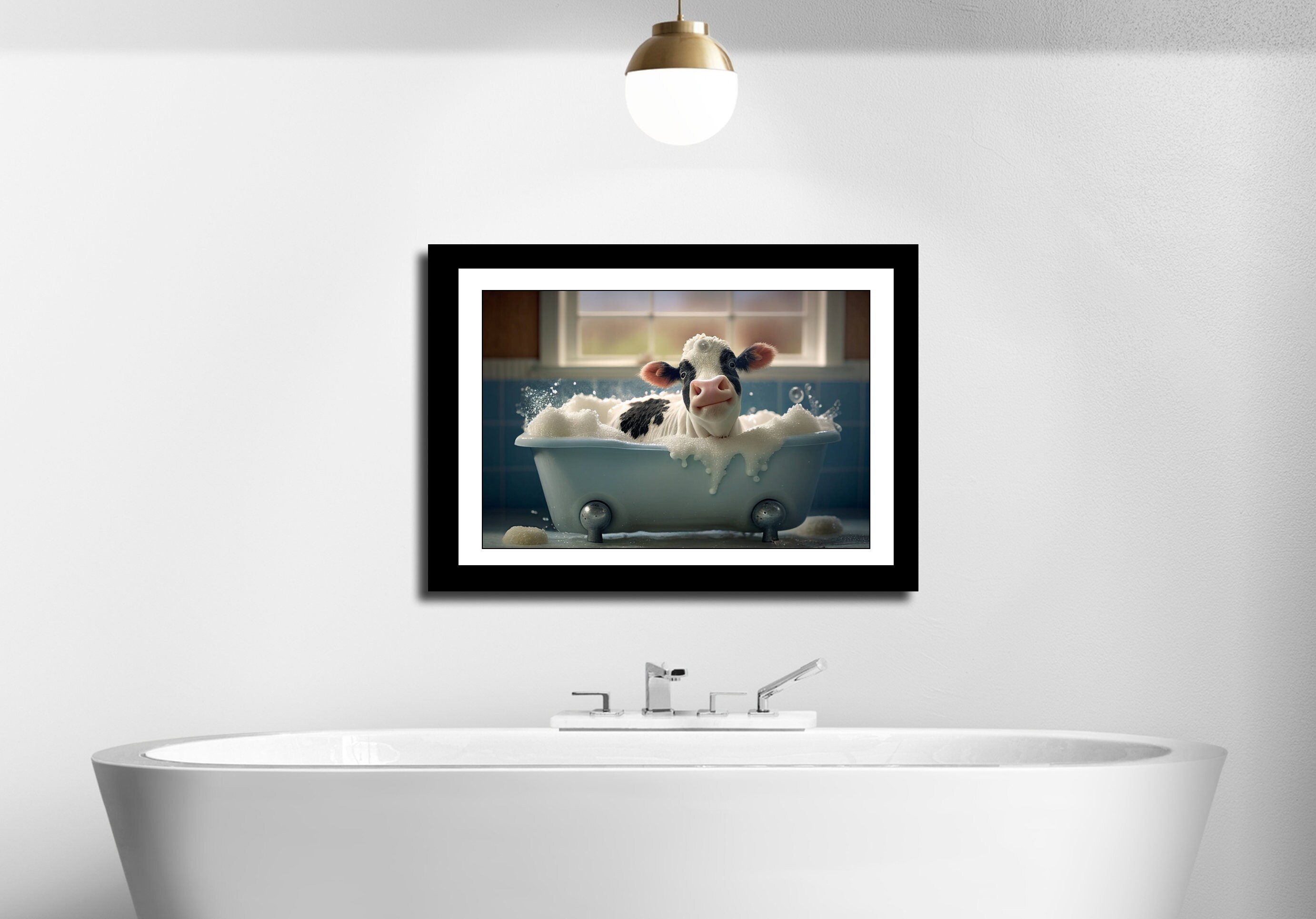 Cute Baby Cow in A Bathtub Wall Art, Cow Bathing, Funny Bathroom Art